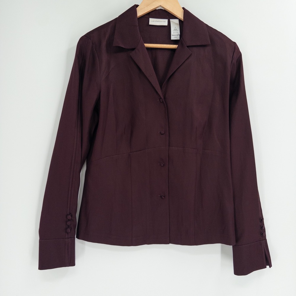 Vintage Liz Claiborne Silk Button Down Women 8 Burgundy Brown Dark Academia 90s